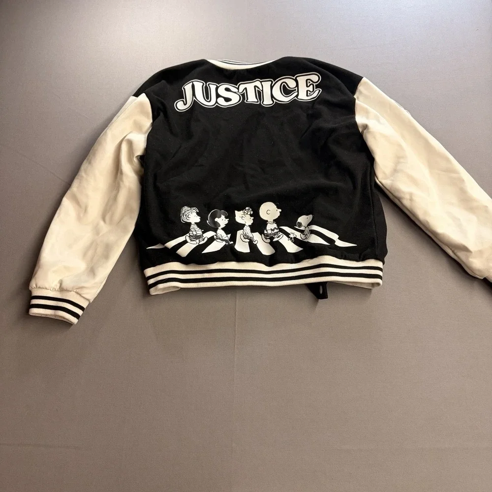 Justice Peanuts Snoopy Varsity Jacket Girls XL 16/18 Black White Abbey Road